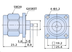 N Type Connectors for RF Panel and Bulkhead : 4 Hole Flange Mount Plug, Straight Terminal Type